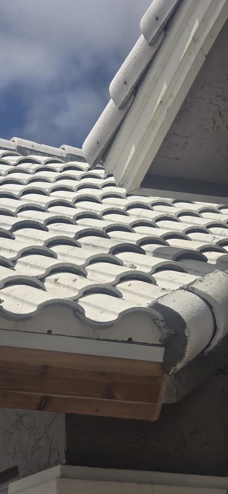 Tile roof overhang repaired with exposed wood structure